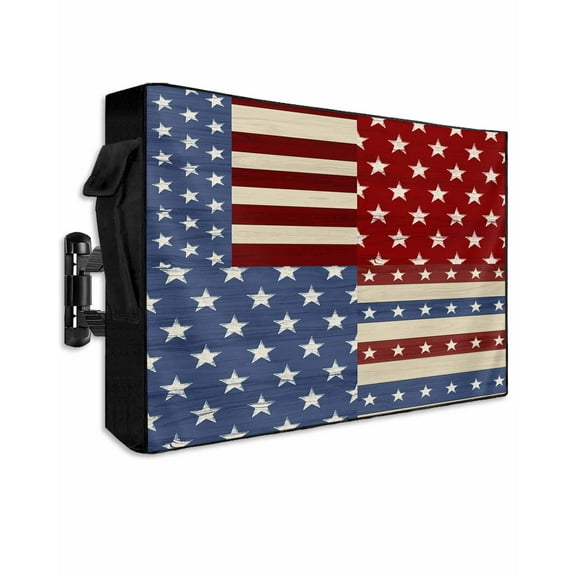4th of July Outdoor TV Cover 52 to 55 Inch Weatherproof, Independence Day Red Blue Vintage 600D Oxford TV Covers with Waterproof Zipper, Outside Flat TV Screen Protector Size 52"W x 19"H x 4.5"D