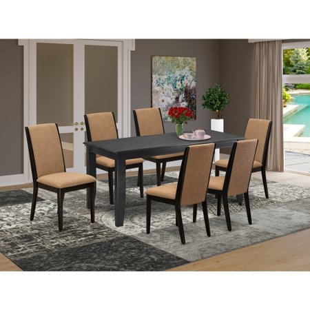 HomeStock Naturally Nice 7 Piece Kitchen Set Consist of a Rectangle Dining Room Table and 6 Light Sable Linen Fabric Upholstered Chairs 36x60 Inch Black