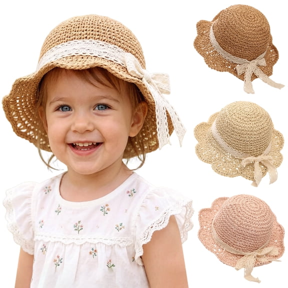 Lispipm Baby Girl Straw Hat Bowknot Outdoor Beach Sun Hats Infant Toddler Girls Vacation Ruffle Caps with Lace Starp Beige 2-6 Years