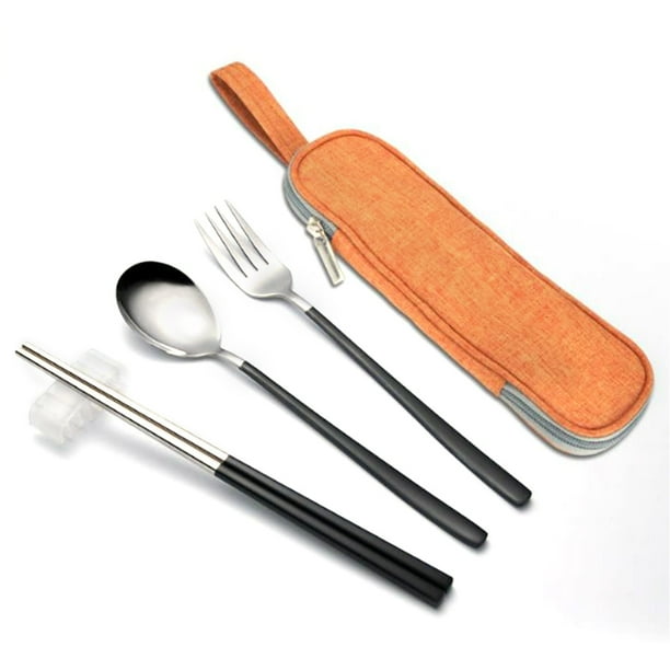 4Pcs Portable Camping Eating Utensils Travel Cutlery Kit With Cloth Bag