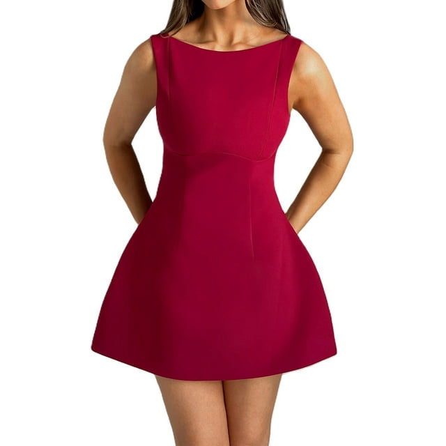 FOCUSNORM Women's Summer Mini Tank Dress Sleeveless Open Back Solid Color Above Knee Dresses