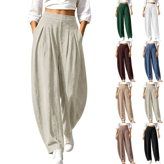 Ninixx Womens High Waist Barrel Leg Pants Cotton Linen Pleated Wide Leg Trousers with Pockets Relaxed Fit