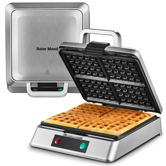 Waffle Maker, Roter Mond Belgian Waffle Maker, 4 Slice Square Stainless Steel Waffle Maker, Non-Stick Surface for Easy Cleaning for Family Use Breakfast, Save Space for S