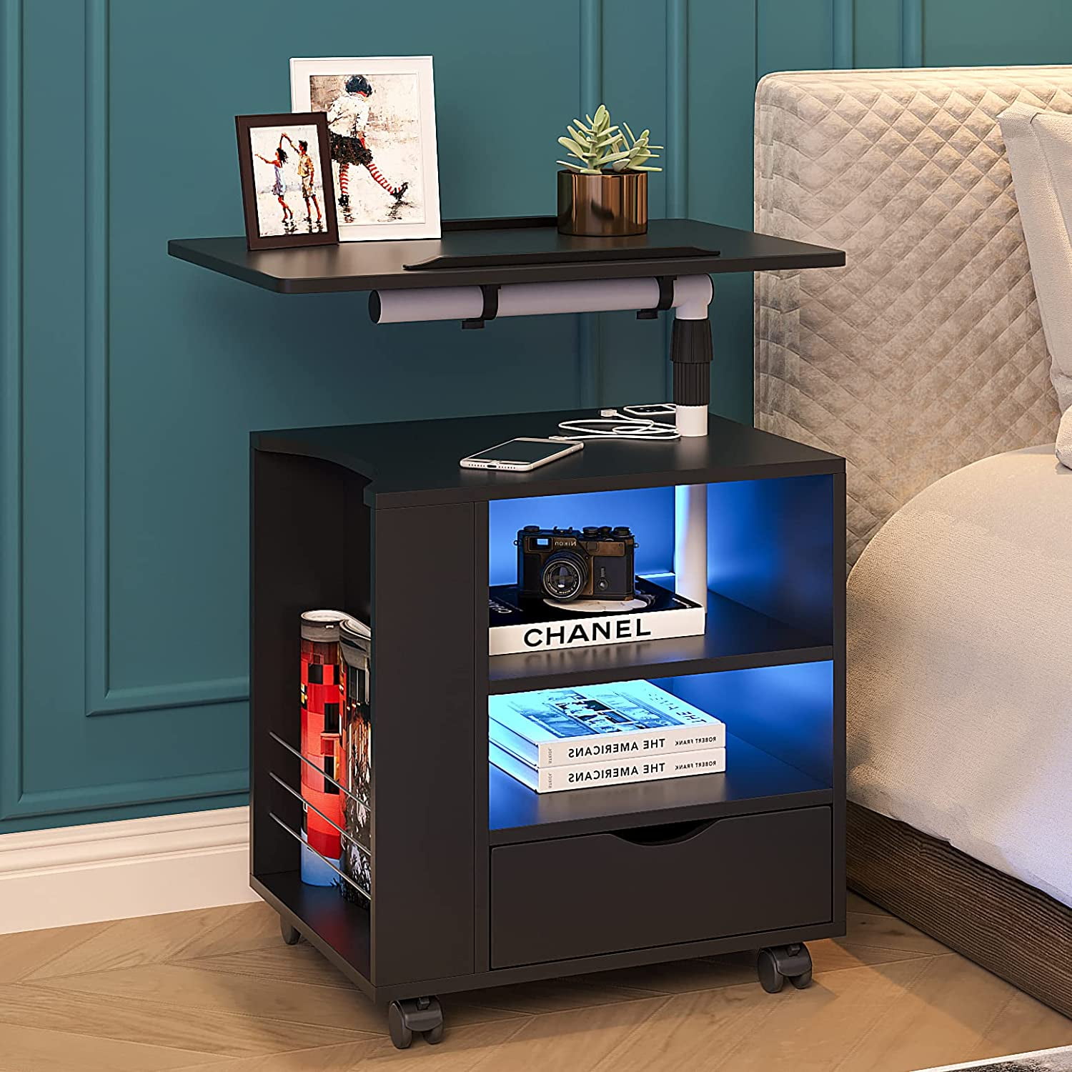 HNEBC Auto LED Nightstand with 2 USB Charging Station Black Nightstand Adjustable Bedside Tables