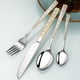thumbnail image 4 of Set de cubiertos de acero inoxidable | Vajilla con patrón doble de flores doradas | Juego de 4 piezas incluye tenedor, cuchillo, cuchara y cuchara para postre | Durable y resistente al óxido | Apto, 4 of 9