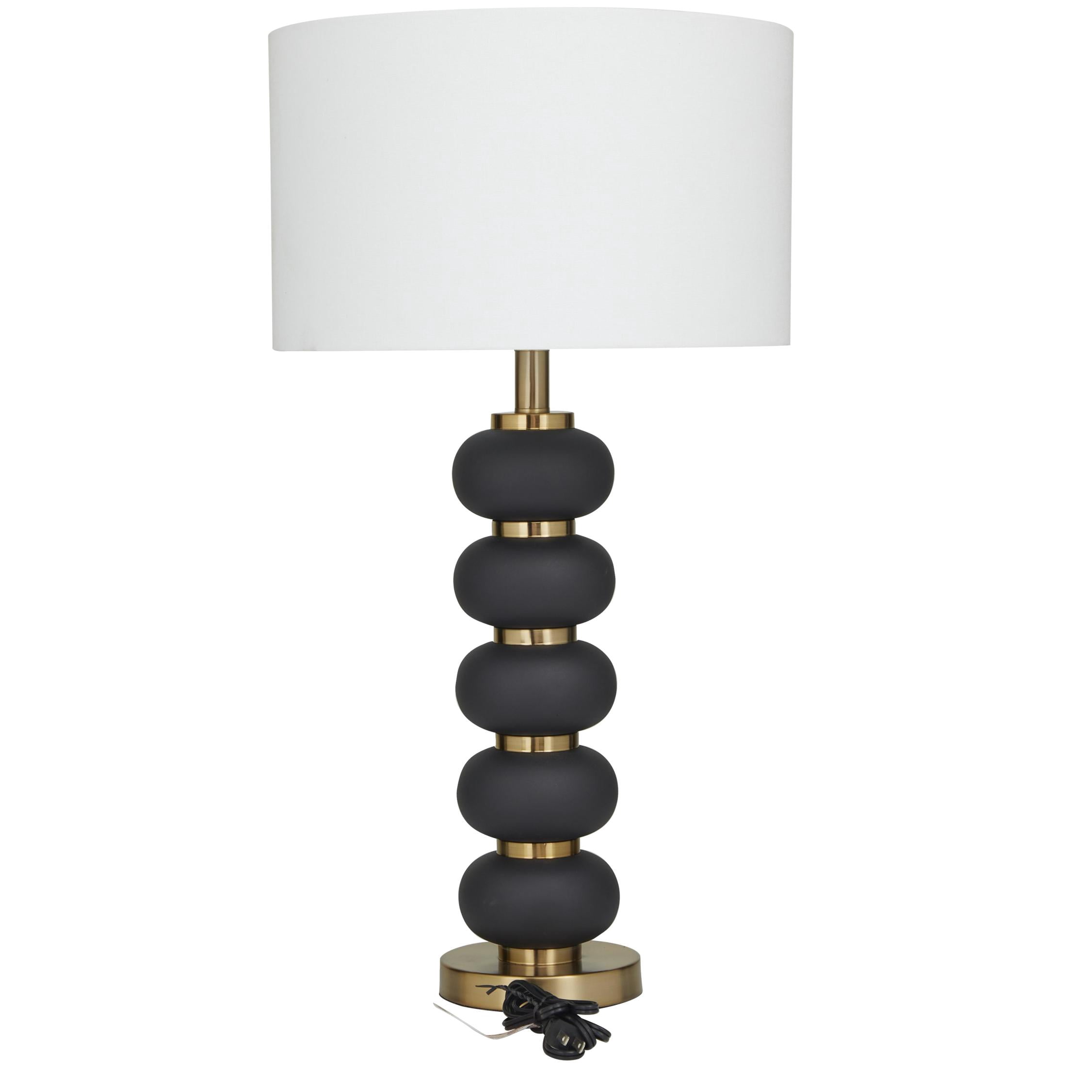 DecMode Metal Contemporary Drum Shaped with Oblong Shaped Accent Table Lamp 15"W x 28"H, Matte Black and Metallic Gold Finished Body with White Linen Lampshade