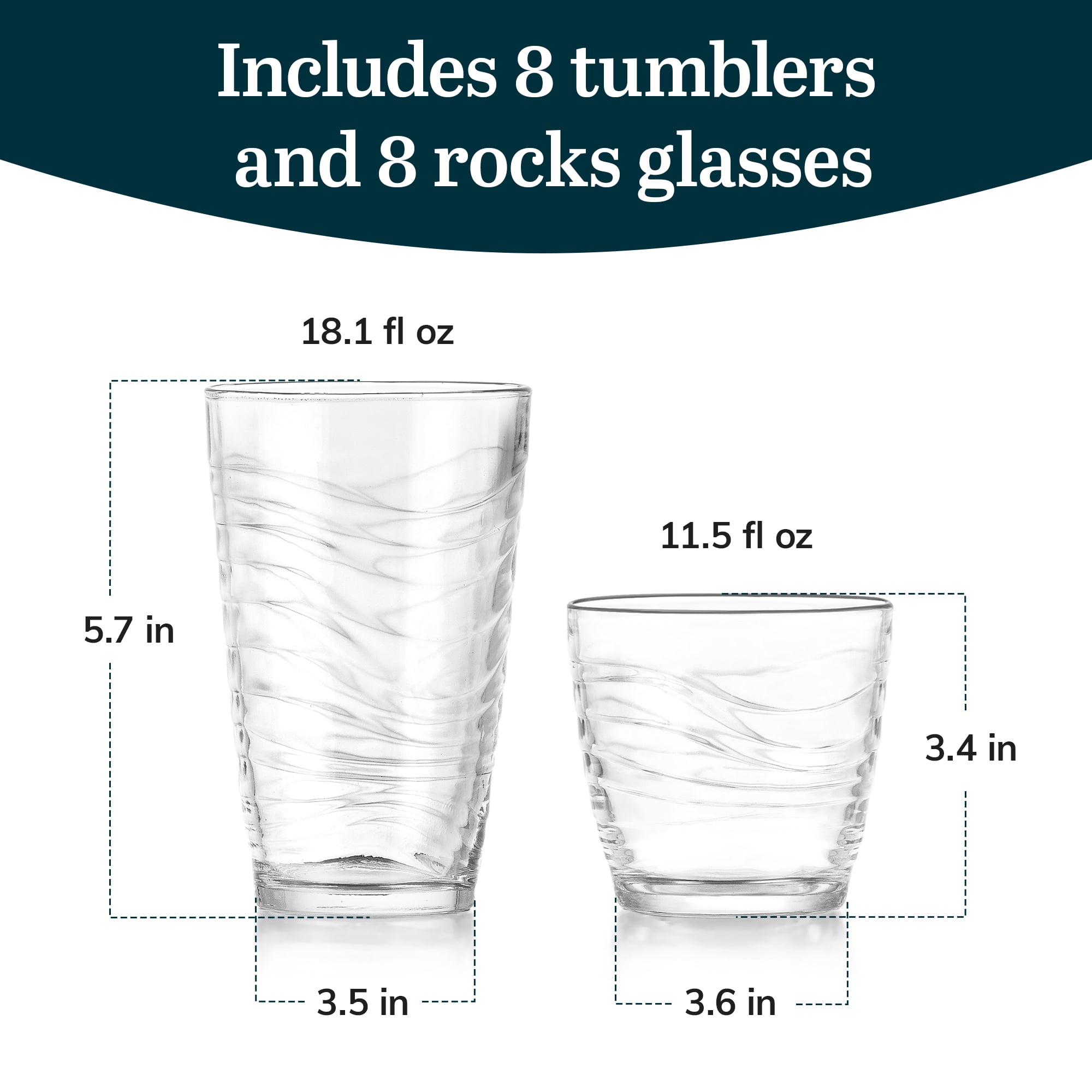 Libbey Orbita Rocks and Tumbler Drinking Glasses Set of 16, Durable Glass Cups Set with Wave Pattern, Glassware Drinking Glasses for Any Occasion