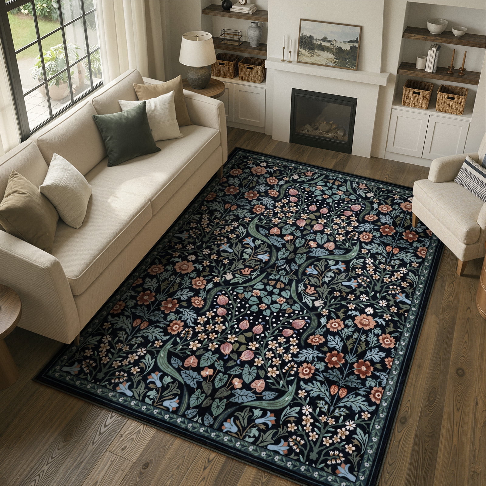 Lahome Floral 5'x7' Living Room Area Rug, Soft Washable Rugs for Bedroom, Non Slip Ultra Thin Boho Rug Botanical Stain Resistant Floor Carpet for Dining Room Home Office, Black