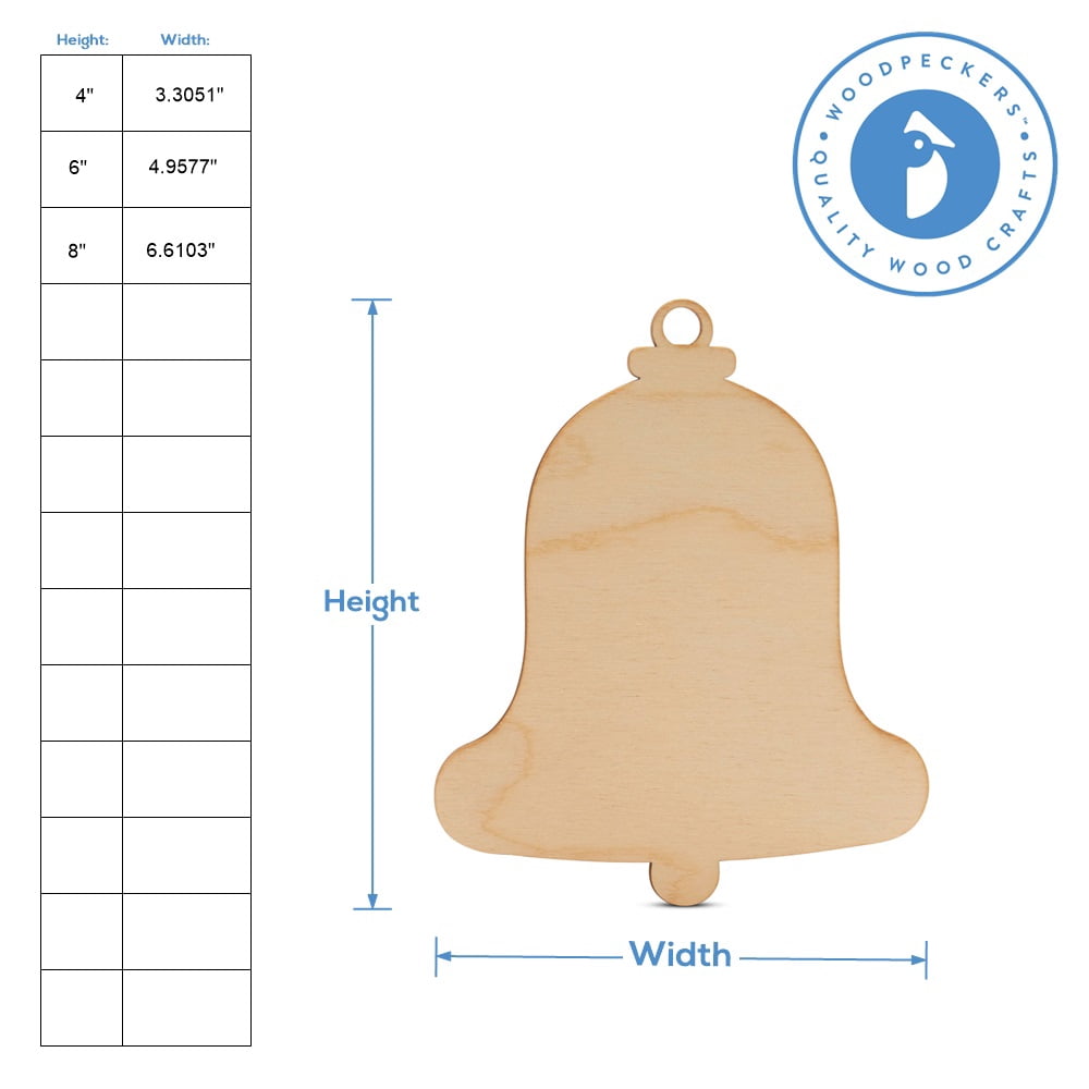Christmas Bell Ornament 8 inch, Pack of 10 Small Wood Cutouts, Paintable Christmas Ornaments to Decorate and Craft, by Woodpeckers