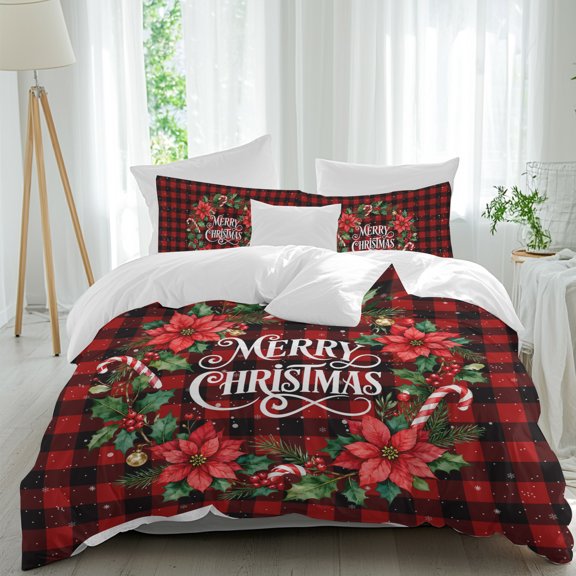 Duvet Cover Twin Size 3 Piece Bedding Set, Christmas Wreath Flower Poinsettia Berry Soft Breathable Comforter Cover with 2 Pillow Shams, Red Black Plaid Luxury Duvet Covers with Zipper Closure