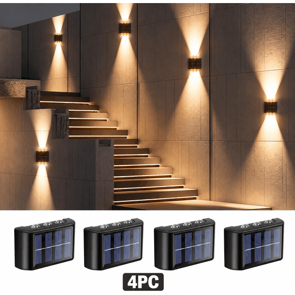 4 Pack Solar Fence Lights Outdoor, Warm White Up and Down Wall Lights, 6 LED Solar Powered Dusk to Dawn Lights, IP65 Waterproof Outdoor Wall Sconces for Fence, Patio, Deck, Garden, Yard