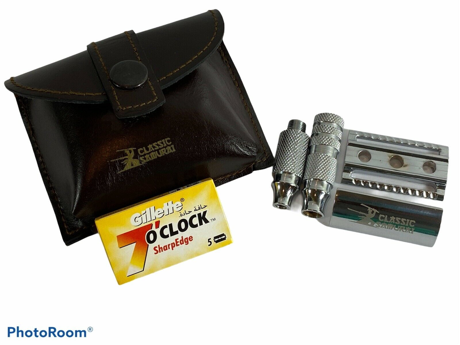 Classic Samurai Travel Double Edge Safety Razor Chrome Plated with Genuine Leather Case and 5 Blades Pack