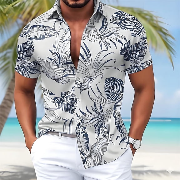 BUWTTER Mens Shirts Short Sleeve Tropical Button Down Loose Fit Vacation Casual Summer Beach Shirt Blue L