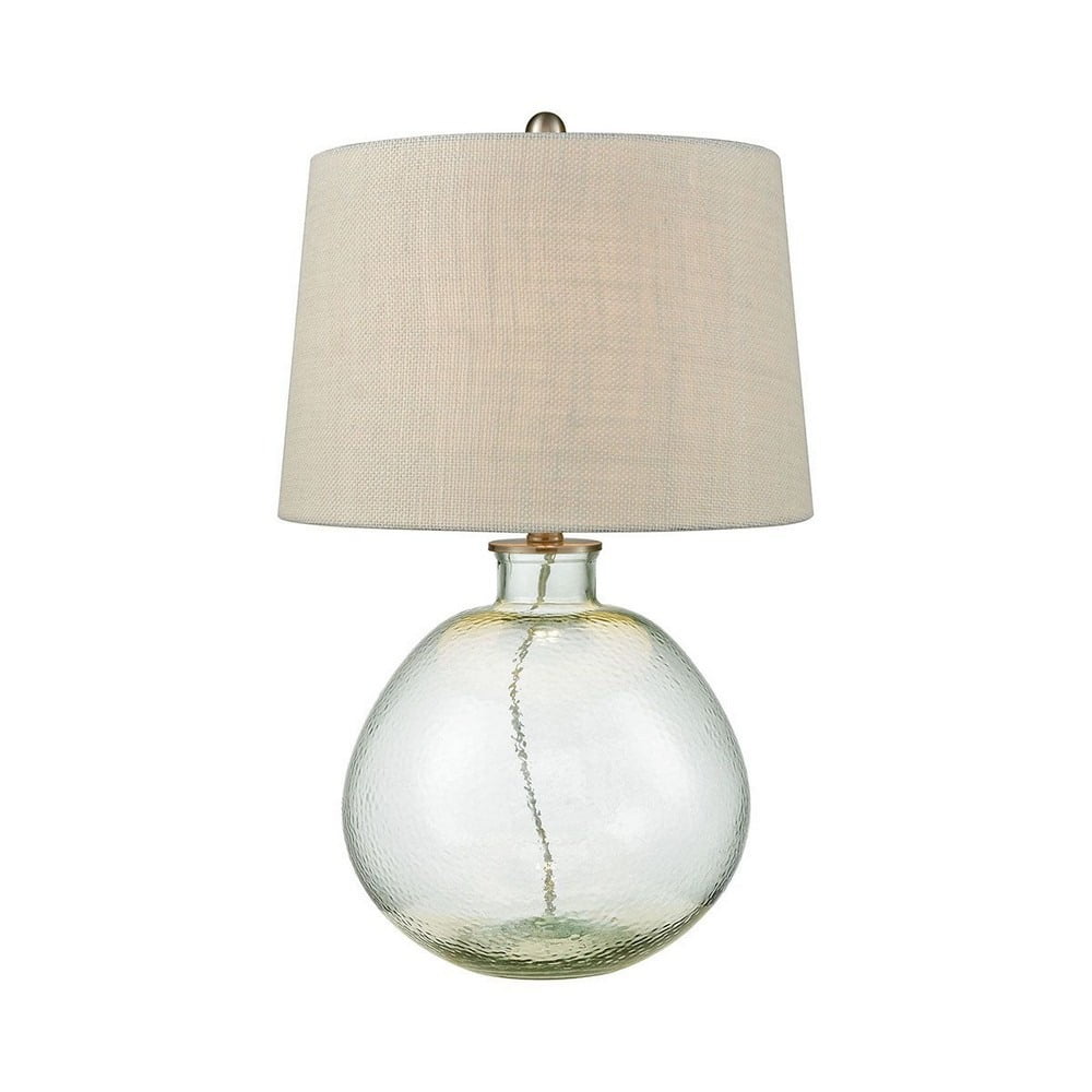 Light Blue Gourd Table Lamp Made Of Glass With A Off White White Linen