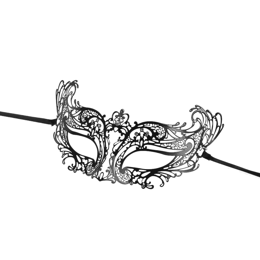 FESTNIGHT Fashionable Black Cut Metal Half Mask with Rhinestones 