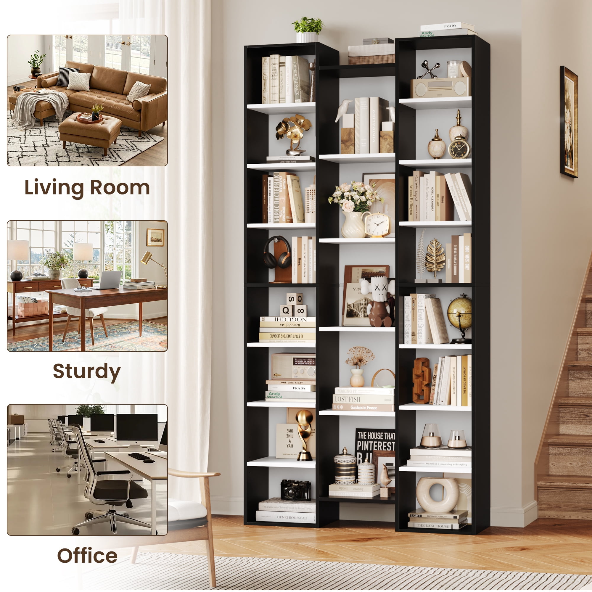 Homfa 21-Cube Bookcase, 71’’ Tall Wooden Bookshelves with Adjustable Shelves, Triple Wide CD Display Storage Organizer Shelf for Home Office, Black+White