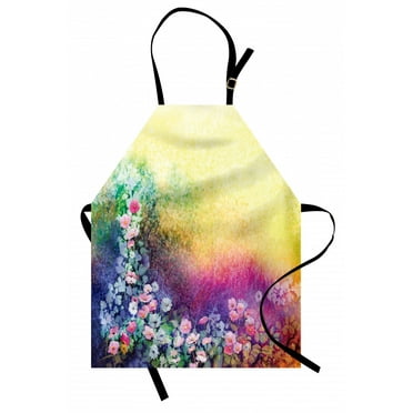 Flower Apron Ivy Floral Beauty in Spring Blooming Nature Soft Calm Paradise Print, Unisex Kitchen Bib Apron with Adjustable Neck for Cooking Baking Gardening, Purple Yellow Multicolor, by Ambesonne