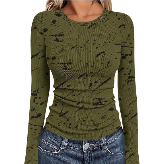 Xuyuer Long Sleeve Tops for Women Round Neck Floral Blouse Layering Fitted Going Out Top