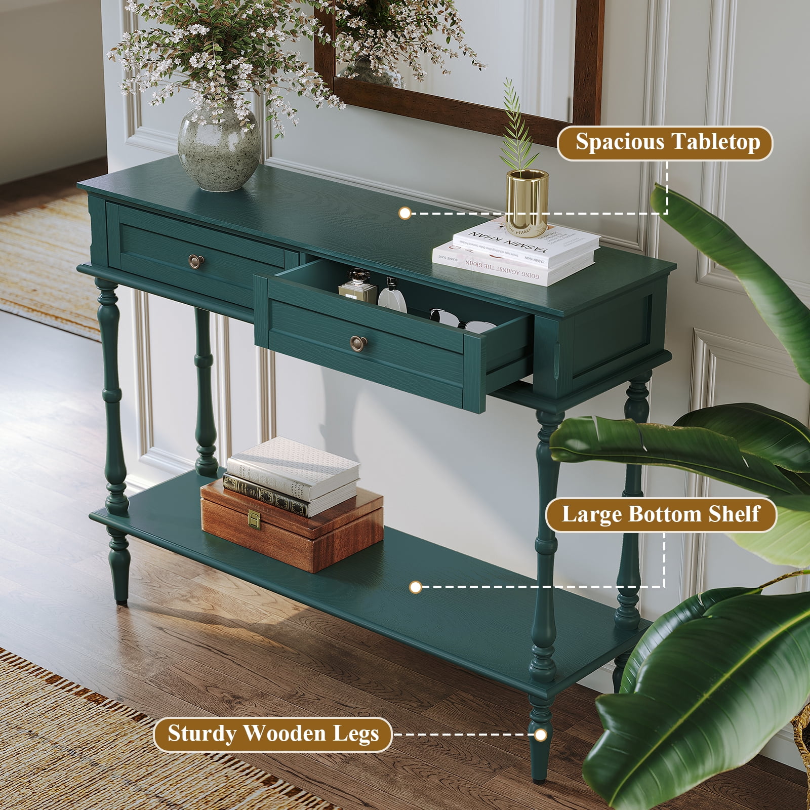 CBJCBJ40"Vintage Minimal Assembly Console Table with 2 Storage Drawers,Suitable for Living Room,Green
