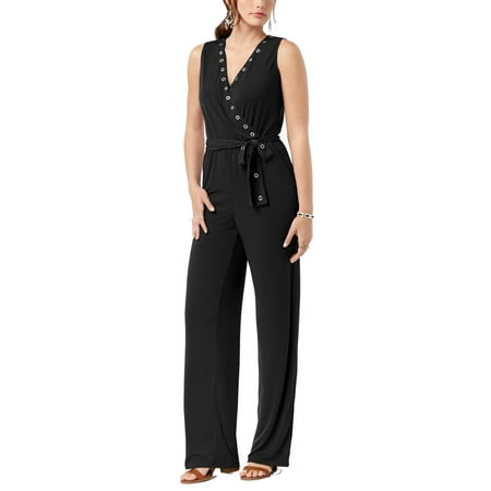 NY Collection Women's Belted Grommet Jumpsuit Black Size Petite X-Large