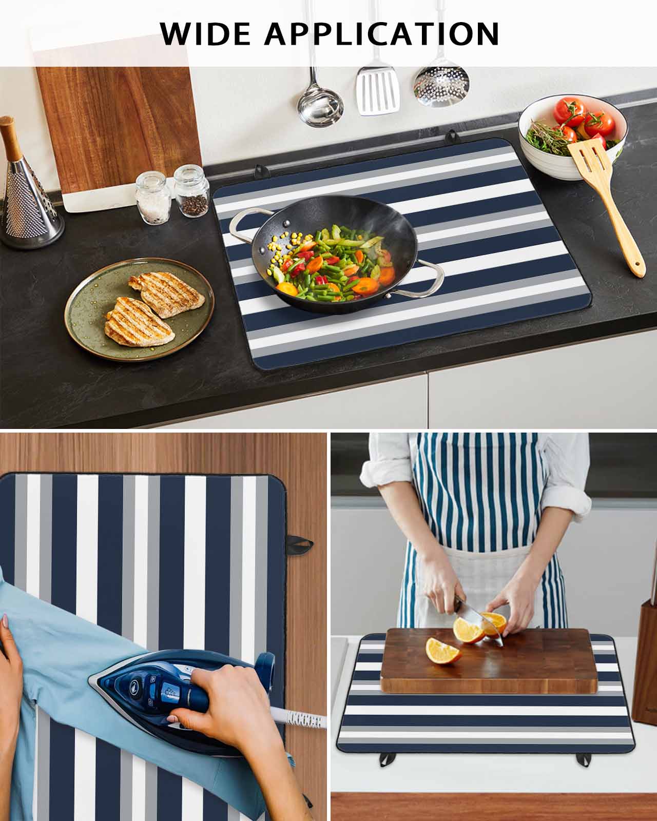 nqOlkjepod Large Induction Cooktop Protector Mat 36"x21", Navy Blue Grey Striped Stove Top Covers for Electric Stove, Farmhouse Stripes Minimalist Stove Burner Cover Mats, Glass Top Stove Cover