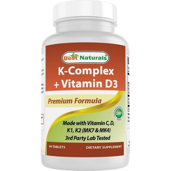 Best Naturals K-Complex with K1 (Phytonadione 1500 mcg   K2 as Menaquinone 100 mcg   K2 as MK-4 1000 mcg)   D3   VIT. C - 90 Tablets - Made in The USA