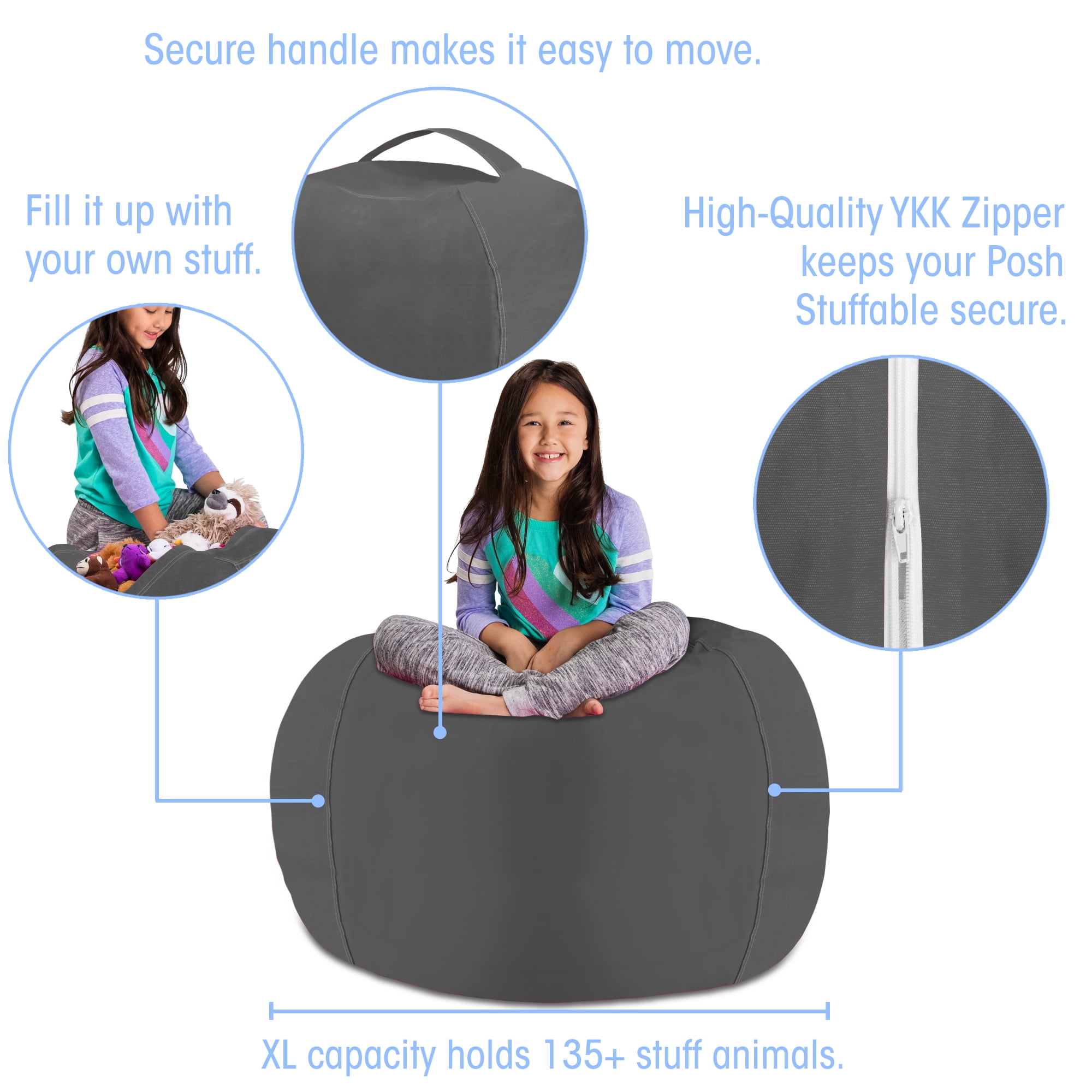 Posh Creations Bean Bag Stuffable Cover - Toy Organizer, Soft Cover, Kids, 4 ft , Heather Gray
