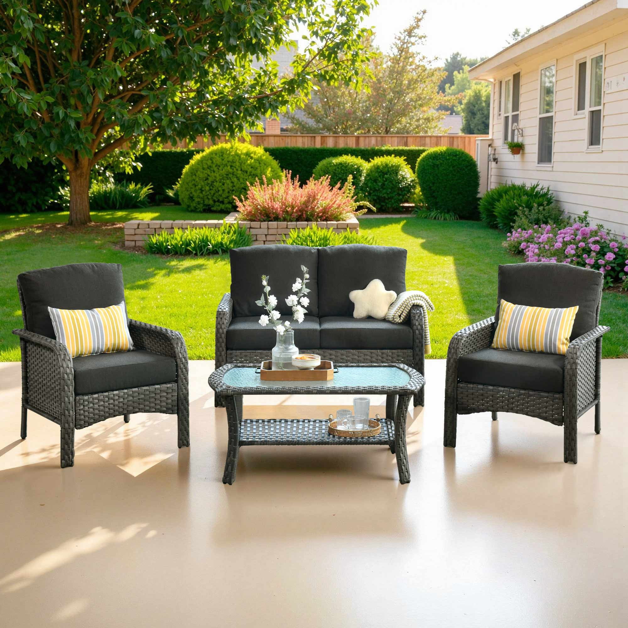 Ovios 4 Pieces Wicker Outdoor Patio Furniture with Coffee Table High Back All Weather Rattan Outdoor Sectional Conversation Set for Backyard Porch Garden, Black