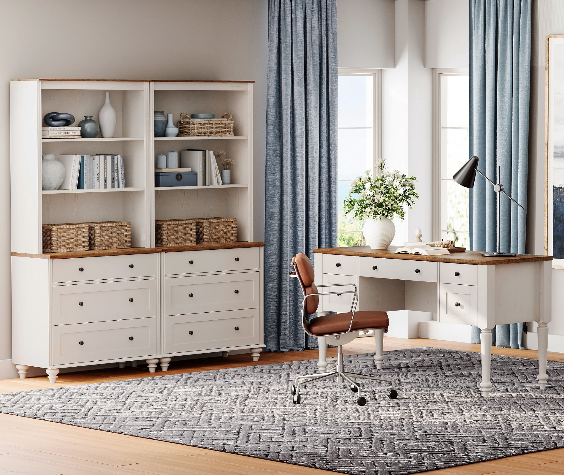 Home Office Furniture Set, 56" Executive Desk with Charging Station, 72" Tall Bookcase with 6 Drawers, Wood Computer Desk with File Cabinet Storage, Open Shelf, White