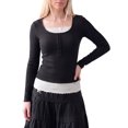 thumbnail image 2 of INSPIRE CHIC Women's Henley Shirts Ribbed Tops Scoop Neck Long Sleeve Contrast Lace Ttim Button Pointelle Front Knit Slim Fit Y2K Casual Going Out Blouses Small Black, 2 of 6