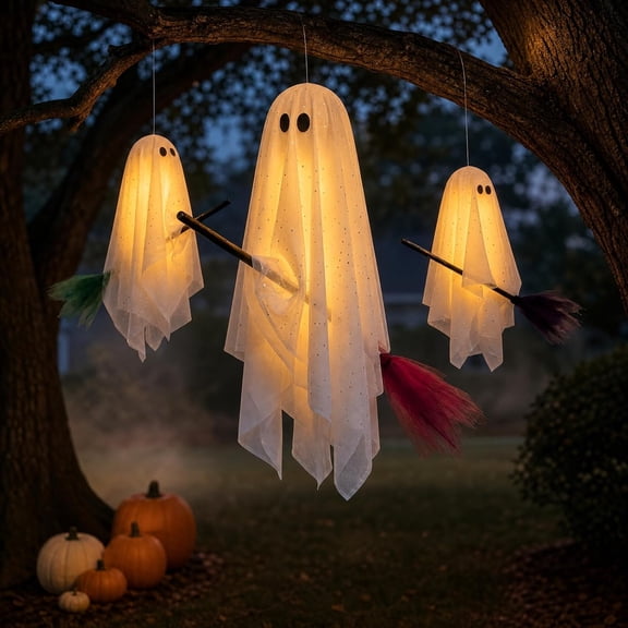 Halloween Decorations Outdoor, 3 Pack Hanging Ghosts on Brooms with Built-in Warm Lights, Flying Ghost Family Decor, Floating Gauze Ghost for Tree, Porch, Yard, Patio, Indoor Halloween Decorations
