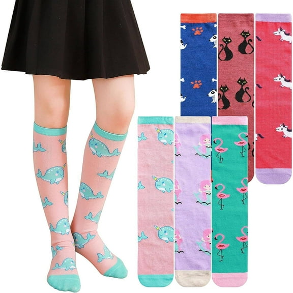 6 Pairs Girls Knee High Socks, Soft Cotton Fashion Long Socks Cute Kids Odd Cartoon Animal Socks One Size for Girls 3-12 Years