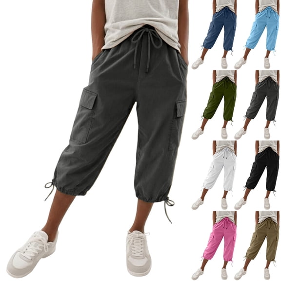 Womens Capris with Pockets Loose Fit Casual Capri Pants Dressy Lightweight Ladies Baggy Cargo Pants for Hiking by Yigetop Black L