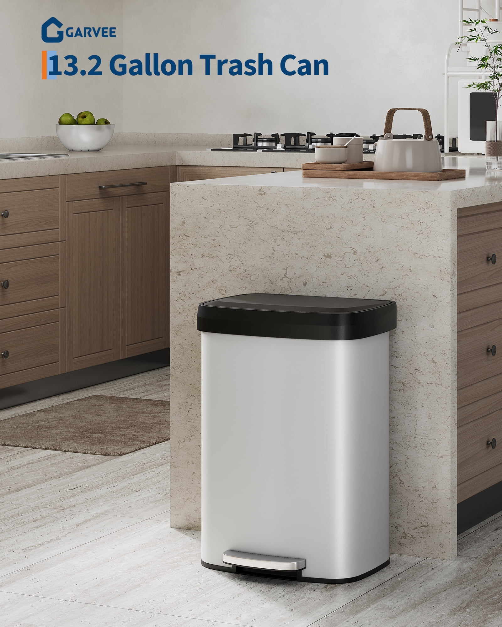 Hands-Free Step-On Kitchen Trash Can, 13 Gallon/50L – Rustproof White Metal Garbage Bin with Soft Close Lid, Odor Control, Liner Rim, Rear Handle, Durable Plastic Cover – White