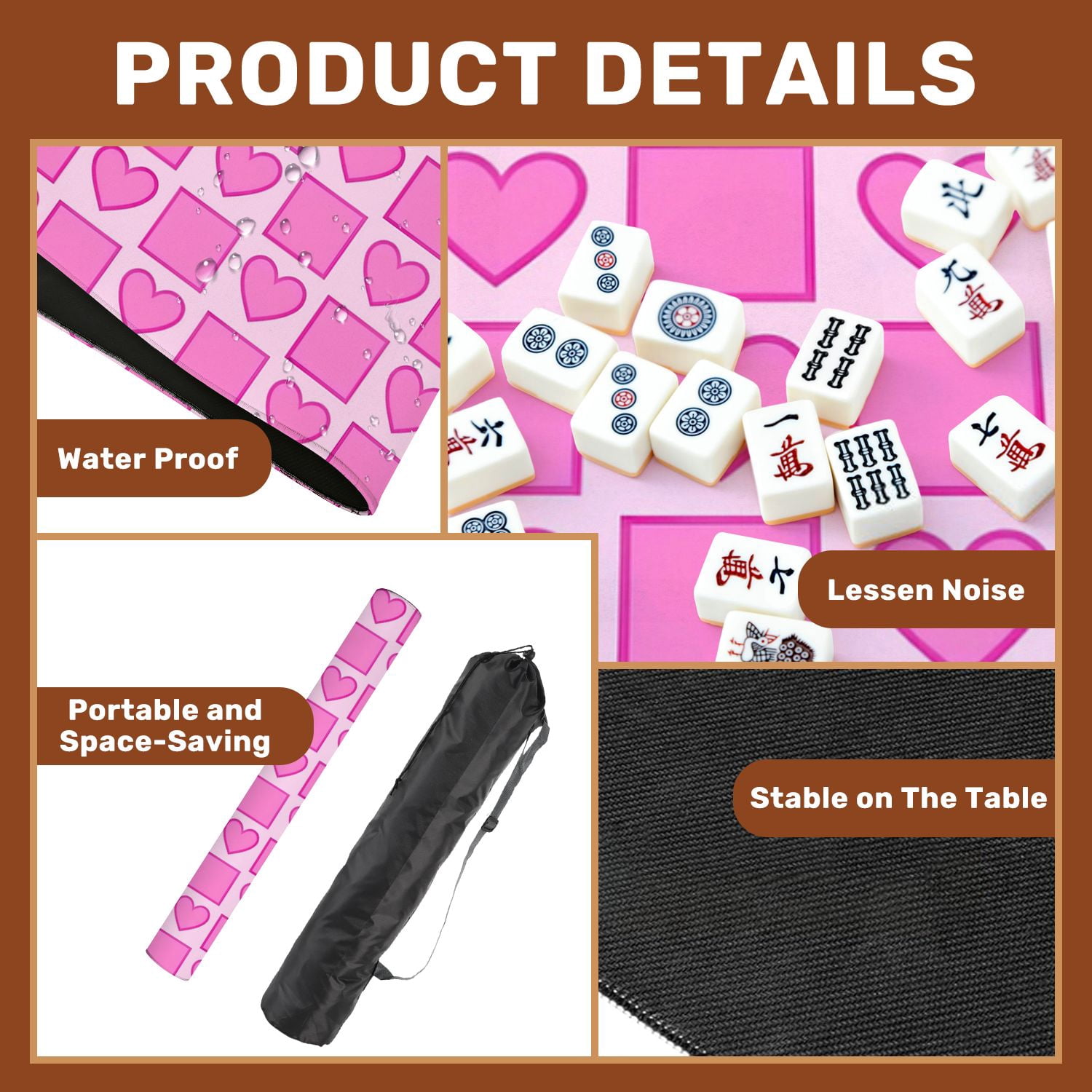 Mahjong Mat 31.5" x 31.5" Pink Heart Square Light Non-Slip Noise Reduction American Mahjong Tiles Table Cover for Dominoes Poker Card Board Games Gift