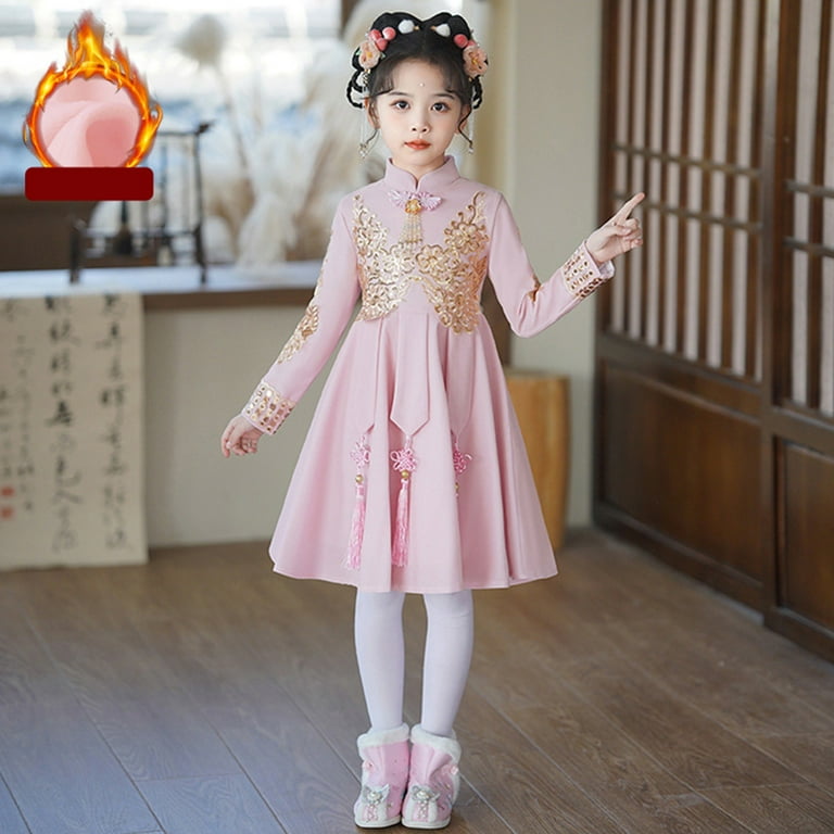 LIJCC Girls Chinese New Year Cheongsam Qipao Performance Dress Kids Long  Sleeved Traditional Oriental Asian Retro Embroidery Princess Party Tutu  Dress - Walmart.com