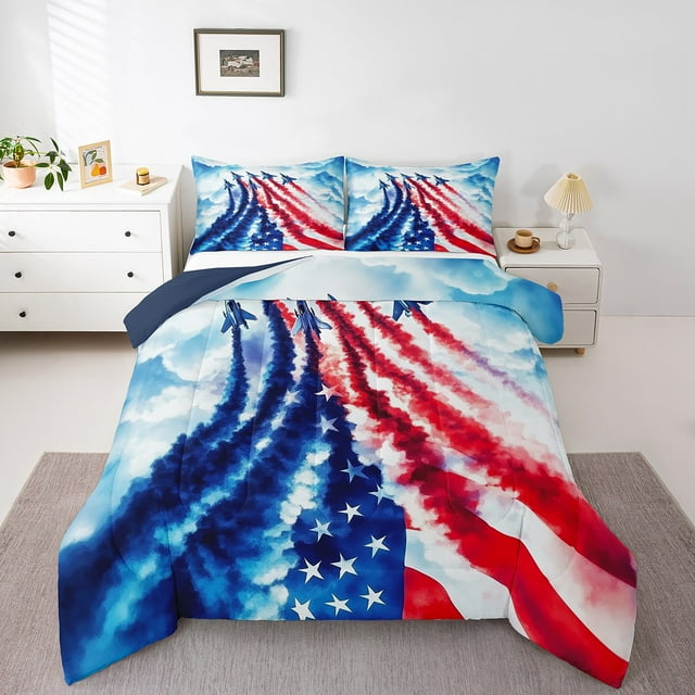 Ensemble de Douillette Fête de l'Indépendance Format Double 3 Pcs, Ensemble de Literie Style Militaire Avion de Chasse Aviation Avion, Ensemble de Courtepointe Drapeau Américain Rouge Bleu Liberté Ciel pour Chambre d'Ados, 2 Taies d'Oreiller
