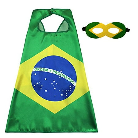 Kids Flag Cape Costume with Felt Mask -Satin Cape for Boys Sports Events Games Dress Up Party Decoration (Brazil)