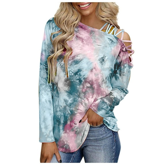 asdoklhq Womens Plus Size Clearance Tops,Women Printed Tie-Dye Hollow Out O-Neck Long Sleeve Casual Tee Tops Blouse
