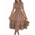 thumbnail image 2 of Women'S Ruffle Trim Flutter Sleeve Midi Dress Pleated Crew Neck Tiered Smocked Flowy Dresses Khaki L, 2 of 9