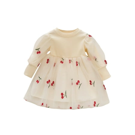 

Infant Baby Girls Princess Dress Cherry Embroidery Crew Neck Long Sleeve Layered Tulle Dress Spring Casual Dress