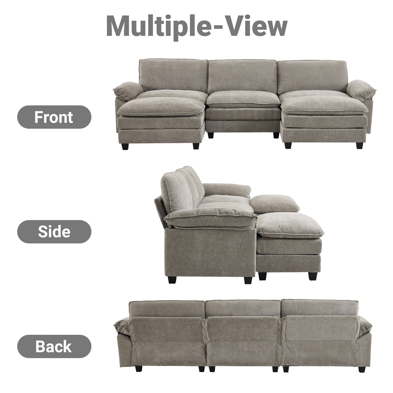 Ktaxon 120" W Sectional Sofa U Shaped Couch with Double Chaise Chenille Sleeper Set with 3 Oversized Seats Light Gray