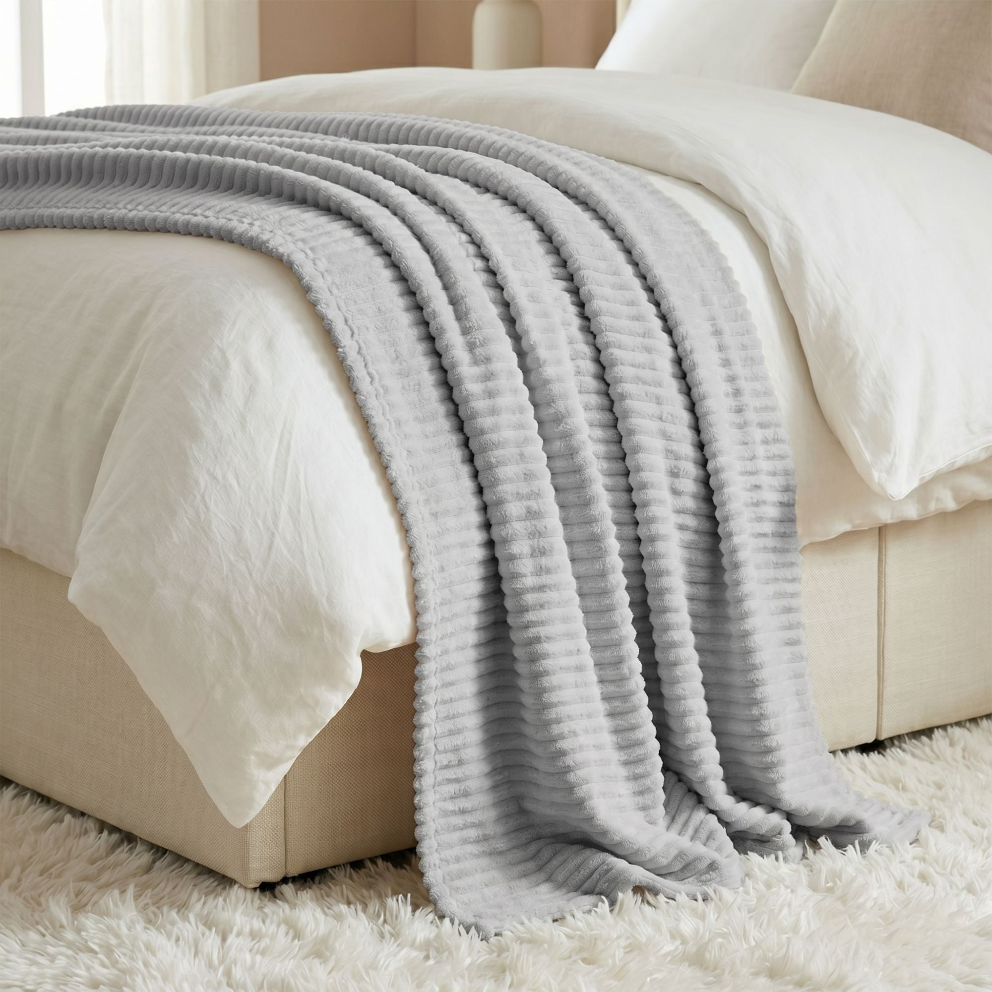 Superior Kacey Ribbed Fluffy Fleece Blanket, King Size, Platinum