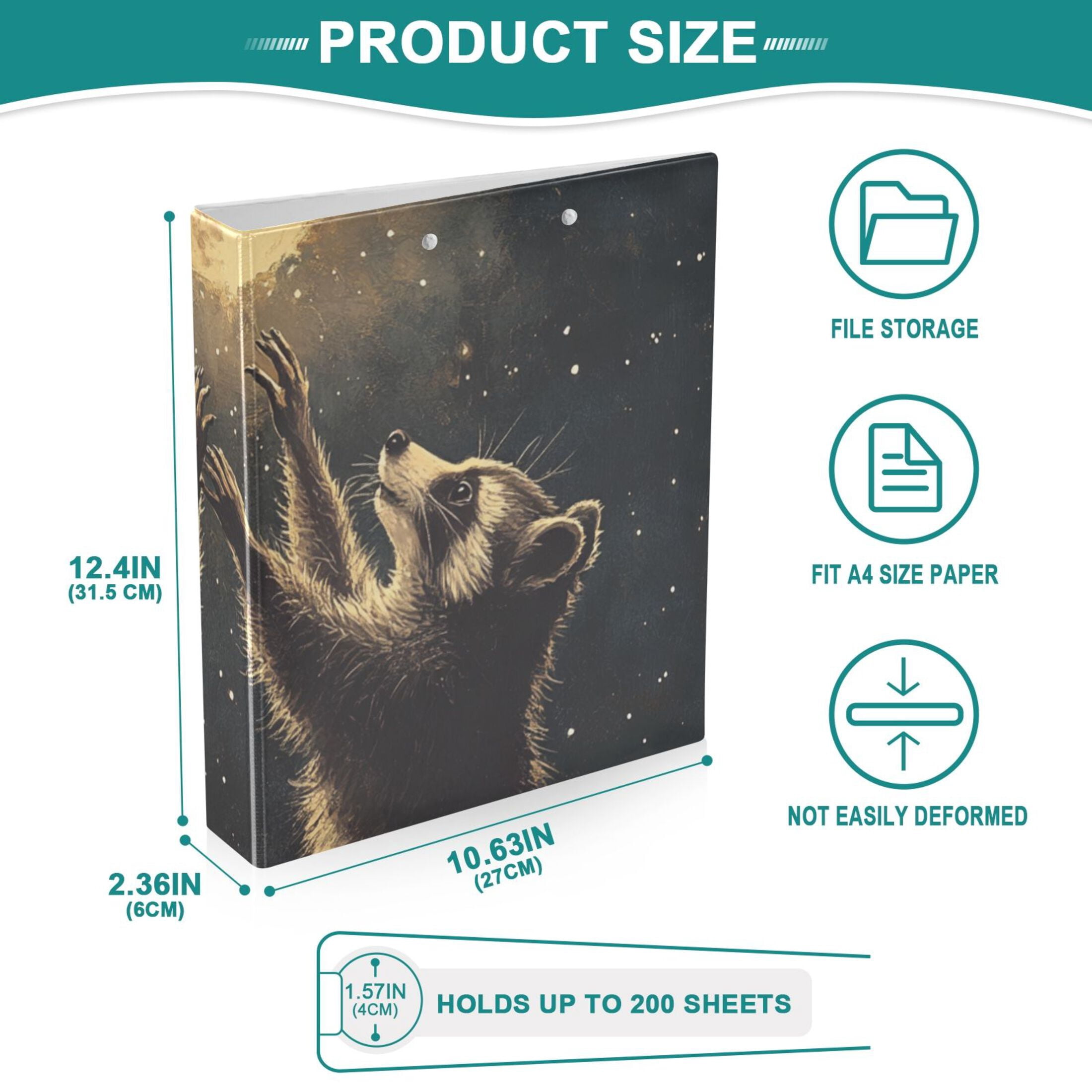 Raccoons and Moon 3 Ring Binders 1.5 inch Hardcover File Folders with Interior Pockets A4 Size Organizer for School Office Hospital