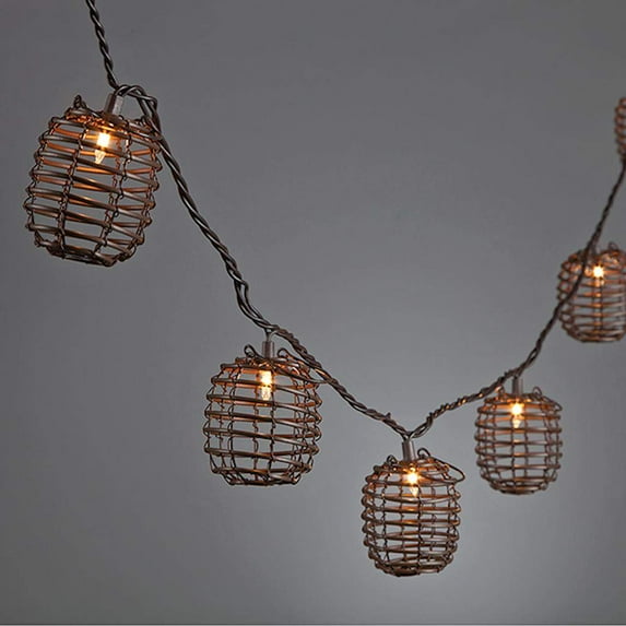 Gerson 93370 - 10 Light Brown Wire Bamboo Barrel Lantern Light String