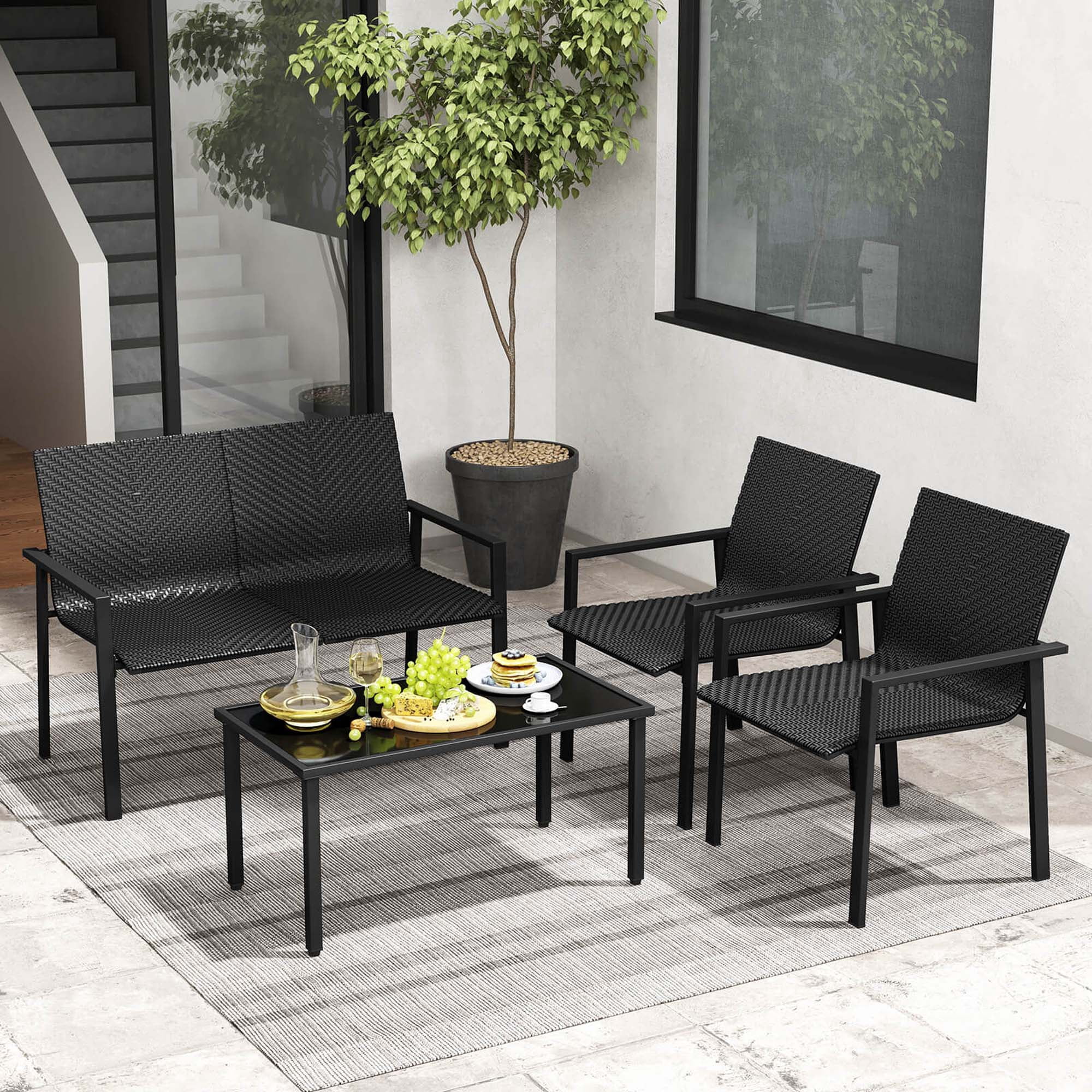 Costway 4 PCS Outdoor Wicker Patio Furniture Set w/ Heavy-Duty Galvanized Metal Frame Black