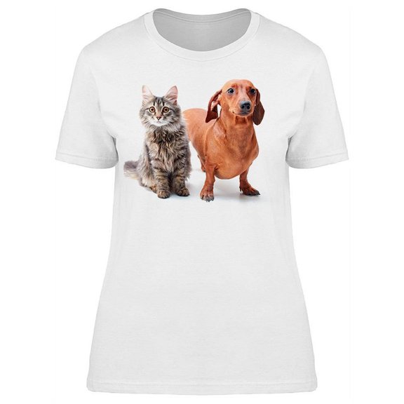 Cute Dachschund Dog And Cat T-Shirt Women -Image by Shutterstock, Female Large