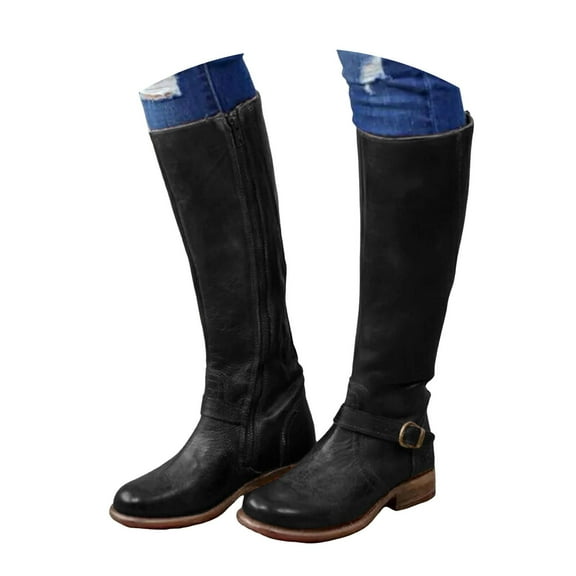 Mepaouo Knee-High Boots for Women Round Toe Leather Tall Long Boots Heel Walking Boots