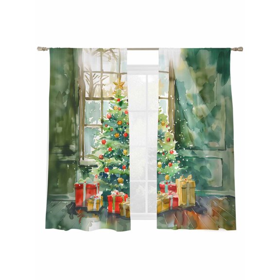 Christmas Tree Sheer Curtains 2 Panels Set, Xmas Present Window View Winter Watercolor Window Sheer Curtains for Living Room/Bedroom, Light Filtering Rod Pocket Voile Drapes, 52" W x 72" L