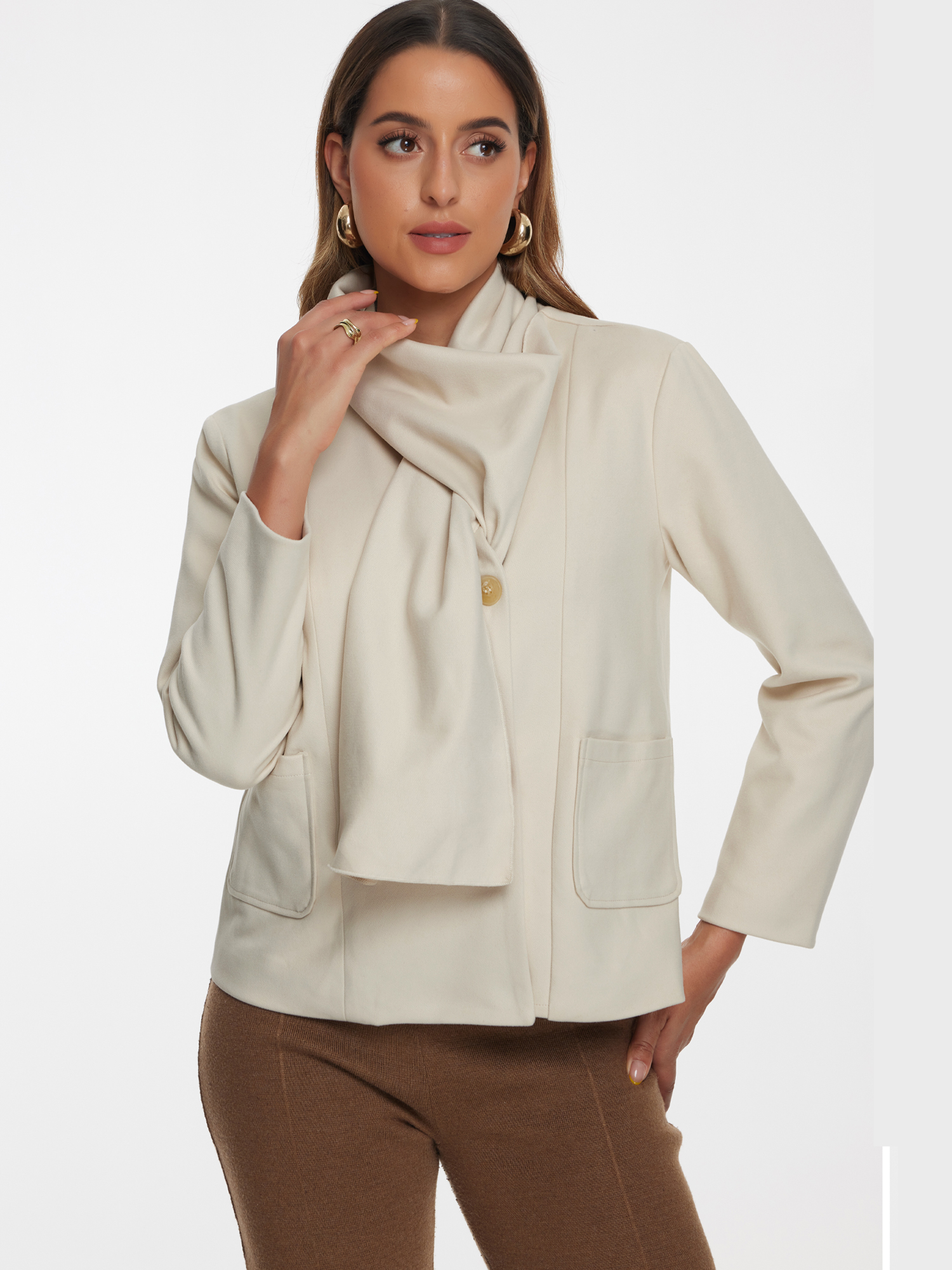 DARING DIVA Women's Double Breasted Outwear Fashion Overcoat with Scarf Beige S